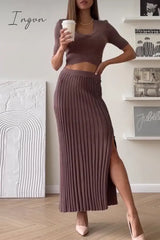 Ingvn - Elegant Solid Slit V Neck Short Sleeve Two Pieces Pieces/Two-Piece Dress