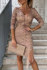Ingvn - Elegant Solid Tassel V Neck One Step Skirt Dresses Dresses/Midi