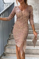 Ingvn - Elegant Solid Tassel V Neck One Step Skirt Dresses Dresses/Midi