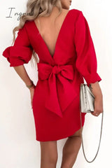Ingvn - Elegant Solid With Bow Zipper O Neck Pencil Skirt Dresses Dresses/Long Sleeve