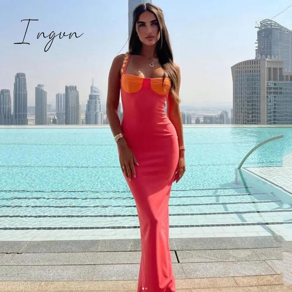 Ingvn - Elegant Strapless Sexy Bodycon Maxi Dress Summer Sleeveless Button Buckles Slim Bandage