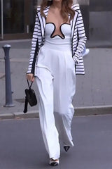 Ingvn - Elegant Striped Pocket Turndown Collar Long Sleeve Two Pieces Pieces/Two-Piece Pants Set