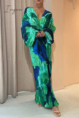 Ingvn - Elegant Vacation Print Fold V Neck Printed Dress Dresses Green / S Dresses/Casual