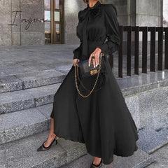 Ingvn - Elegant Vintage Dresses Classy Outfits Women Fashion Spring Autumn Long Sleeve Satin Yellow