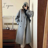 Ingvn - Elegant Women Double Breasted Loose Woolen Coat Lapel Collar Long Sleeve Casual Solid