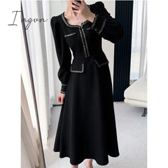 Ingvn - Elegant Women Dress Vintage Long Sleeve Black Y2K New Korean Fashion Casual Office Ladies