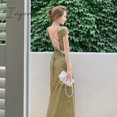 Ingvn - Elegant Women Green Satin Backless Mixi Dress Vintage Palace Bodycon Party Dresses Lace