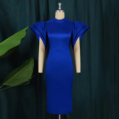 Ingvn - Elegant Women High Neck Dresses 2 Layered Bell Sleeve Back Cut Out Slim Fit Shiny Shimmer