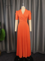 Ingvn - Elegant Women Maxi Pleated Dresses Notched Lapel Wrap High Waist Big Swing Dress Modest