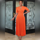 Ingvn - Elegant Women Maxi Pleated Dresses Notched Lapel Wrap High Waist Big Swing Dress Modest