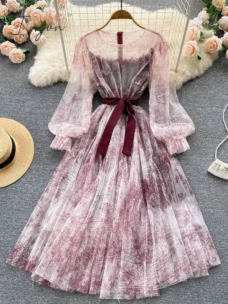 Ingvn - Elegant Women Mesh Dress Vintage Lantern Sleeves Printed Party Dresses Spring Summer