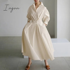 Ingvn - Elegant Women Spring Autumn Sundress Fashion Lapel Neck Long Sleeve Solid Shirt Dress Ol