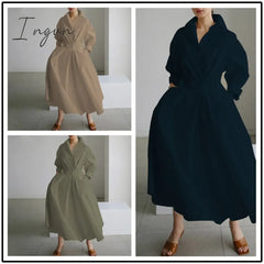 Ingvn - Elegant Women Spring Autumn Sundress Fashion Lapel Neck Long Sleeve Solid Shirt Dress Ol