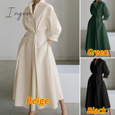 Ingvn - Elegant Women Spring Autumn Sundress Fashion Lapel Neck Long Sleeve Solid Shirt Dress Ol
