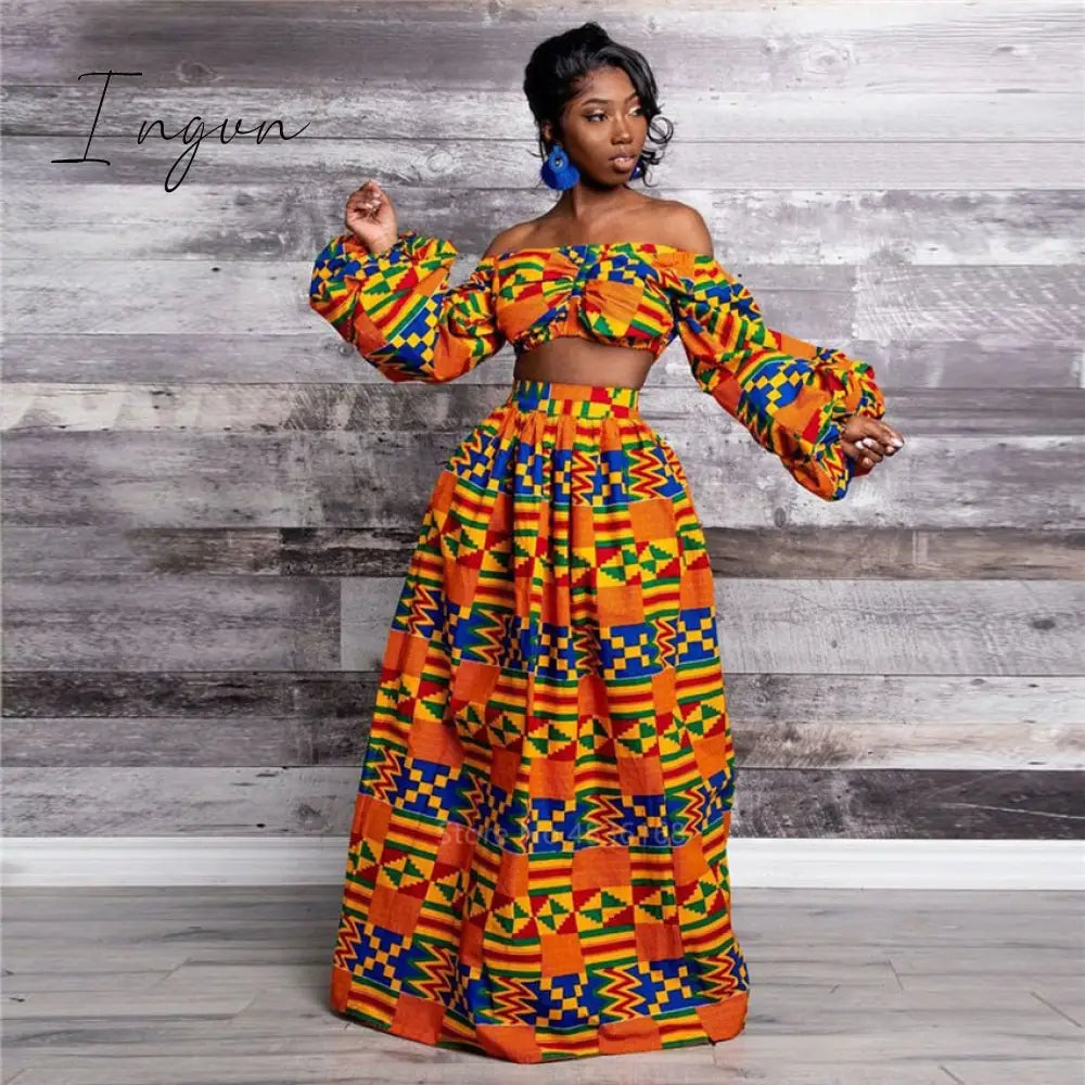 Ingvn - Elegant Women Two Piece Set Dress Sexy Slash-Neck Sleeveless Blouse Top + High Slit Skirt
