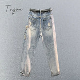 Ingvn - Embroidered High Waist Jeans Women’s Summer Heavy Industry Beads Loose Slimming Holes