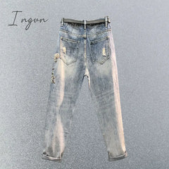 Ingvn - Embroidered High Waist Jeans Women’s Summer Heavy Industry Beads Loose Slimming Holes