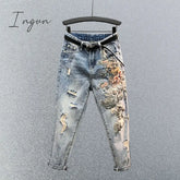 Ingvn - Embroidered High Waist Jeans Women’s Summer Heavy Industry Beads Loose Slimming Holes
