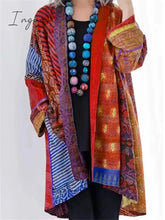 Ingvn - Ethnic Style Striped Printed Cotton Linen Midi Length Coat Red / S Tops