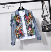 Ingvn - European Style Denim Suit Fashion Outfit Women New Flower Sequined Jacket Short & Jeans