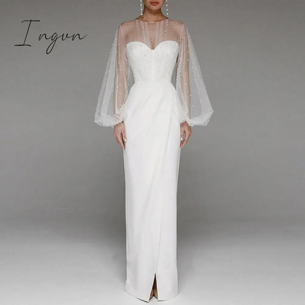 Ingvn - Evening Dress Long Puff Sleeve White Gray Formal Split Fork O - Neck Party Prom High -