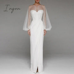 Ingvn - Evening Dress Long Puff Sleeve White Gray Formal Split Fork O - Neck Party Prom High -