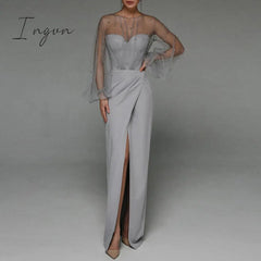 Ingvn - Evening Dress Long Puff Sleeve White Gray Formal Split Fork O - Neck Party Prom High -