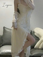 Ingvn - Fairy 2 Piece Dress Set Woman Casual Long Sleeve Crop Tops + Elegant Solid Strap Midi Party
