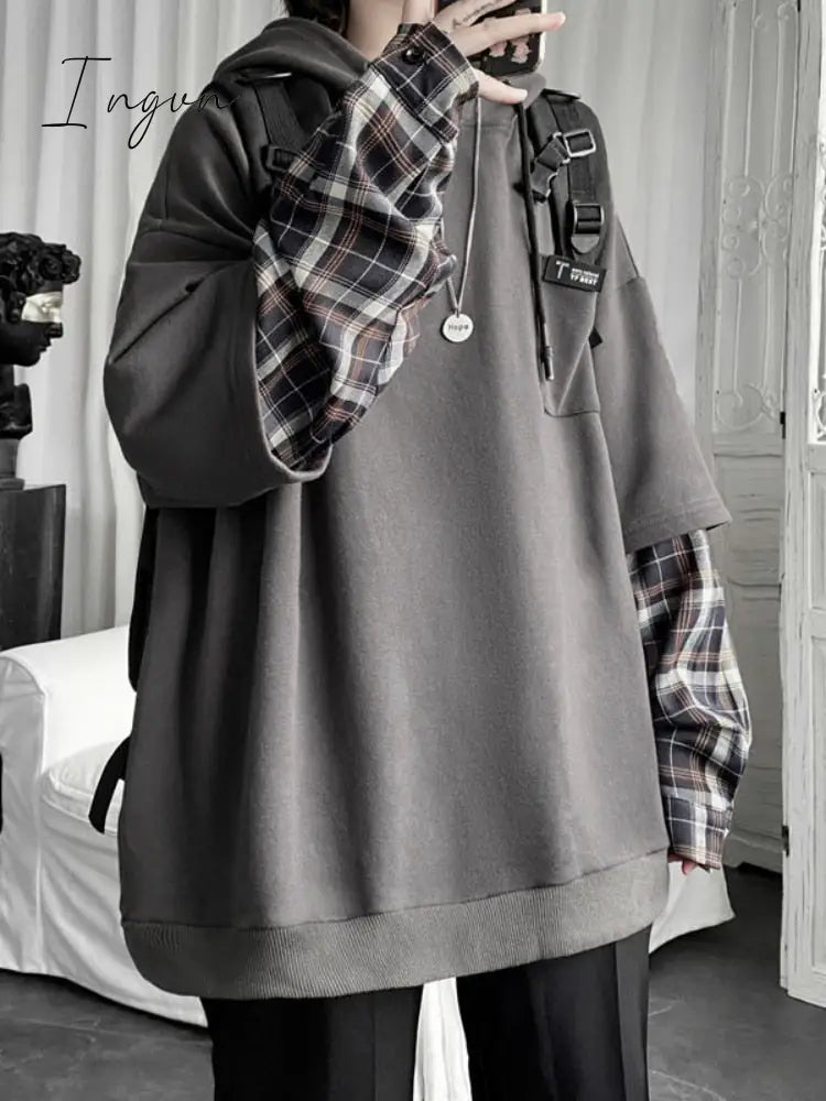 Ingvn - Fake Two Pieces Hooded Plaid Jacket