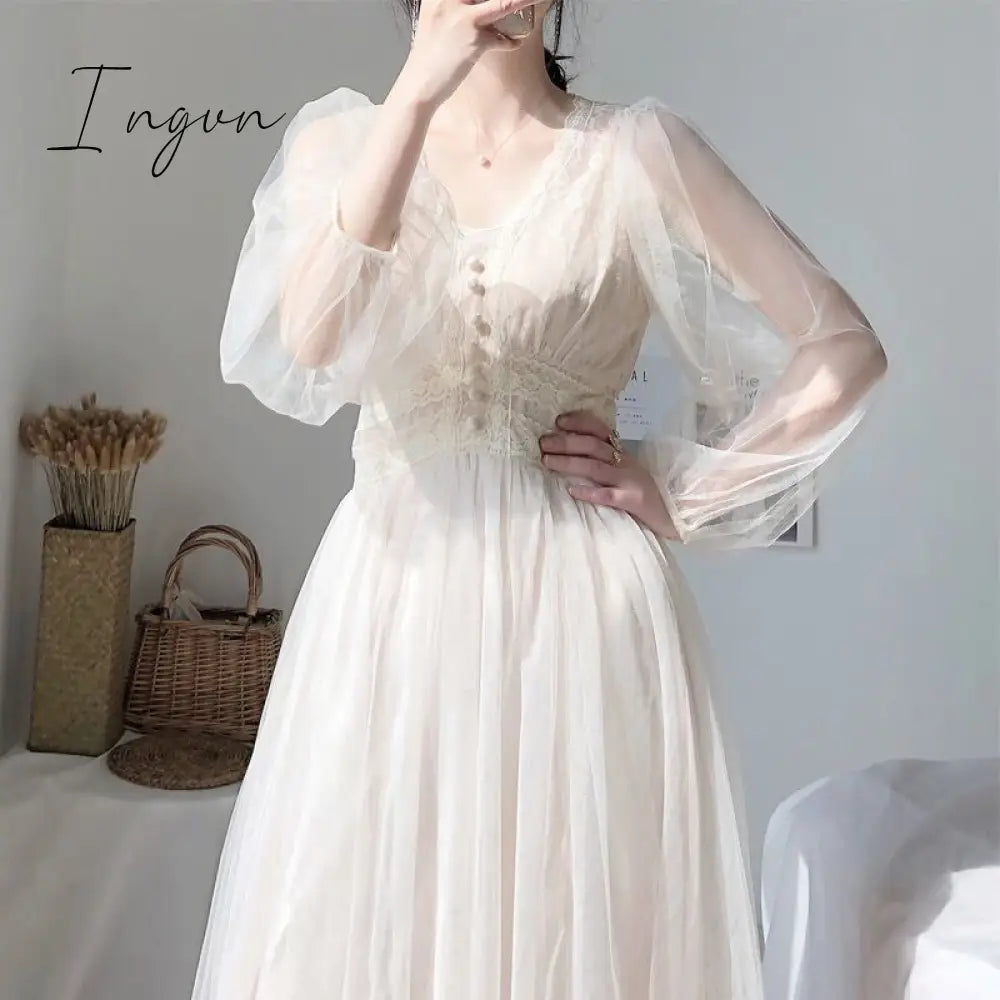 Ingvn - Fall Brand New Women Dress V - Neck Puff Sleeve Mesh Midi Plus Size Fairy Tulle Lace