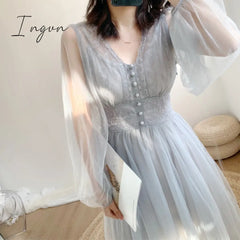 Ingvn - Fall Brand New Women Dress V - Neck Puff Sleeve Mesh Midi Plus Size Fairy Tulle Lace