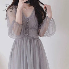 Ingvn - Fall Brand New Women Dress V - Neck Puff Sleeve Mesh Midi Plus Size Fairy Tulle Lace