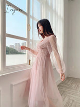 Ingvn - Fall Brand New Women Dress V - Neck Puff Sleeve Mesh Midi Plus Size Fairy Tulle Lace