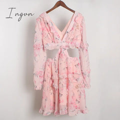 Ingvn - Fannic Summer Beach Mini Dress Woman Spaghetti Strap Cross Backless Sexy Deep V Print