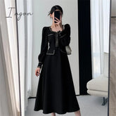 Ingvn - Fashion Black Dress Women Autumn Long Sleeve Mididress Ladies Square Neck French Retro