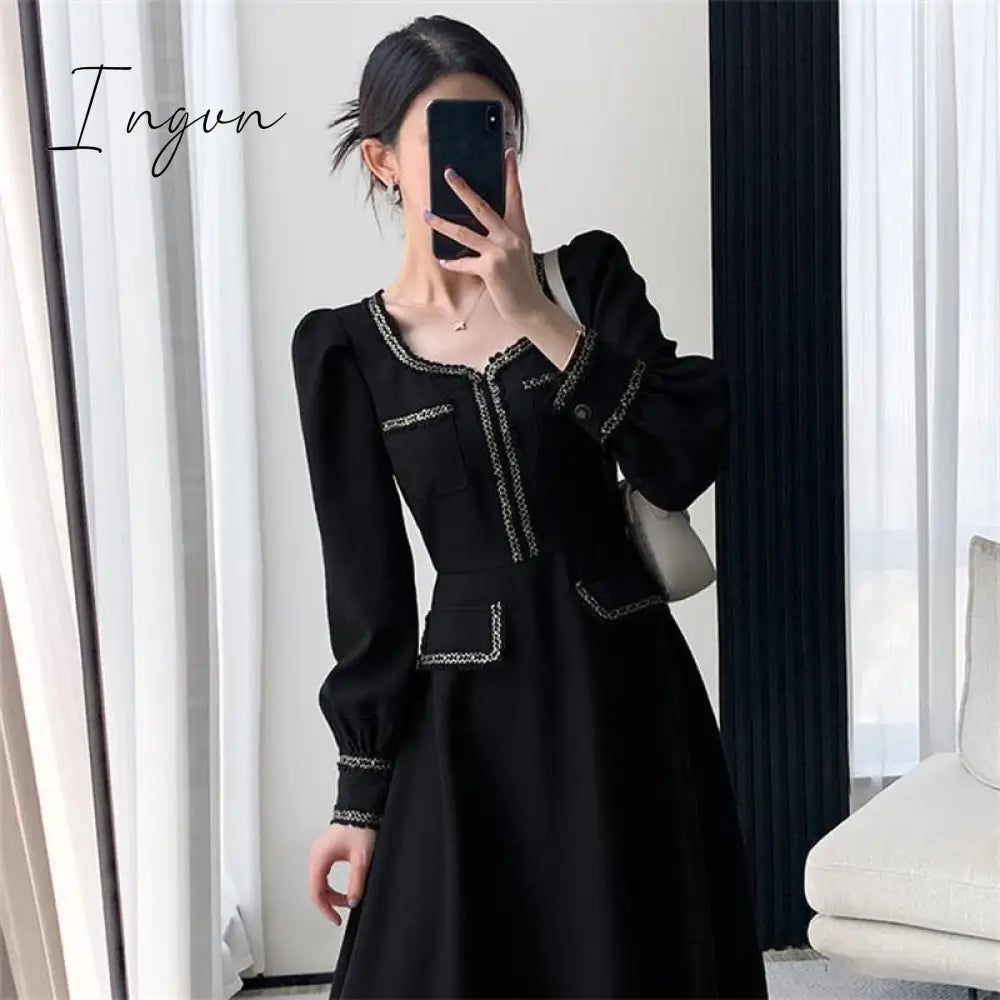 Ingvn - Fashion Black Dress Women Autumn Long Sleeve Mididress Ladies Square Neck French Retro