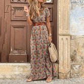 Ingvn - Fashion Boho Dress Long Women Casual V Neck Short Sleeve Retro Print Belt Hem Beach Dresses