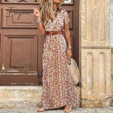 Ingvn - Fashion Boho Dress Long Women Casual V Neck Short Sleeve Retro Print Belt Hem Beach Dresses