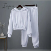 Ingvn - Fashion Casual Fleece Tracksuits Women Solid Warm 2 Piece Set Loose Hoodies And Sweatpants
