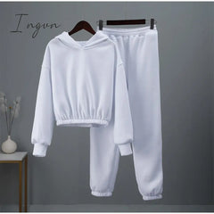 Ingvn - Fashion Casual Fleece Tracksuits Women Solid Warm 2 Piece Set Loose Hoodies And Sweatpants