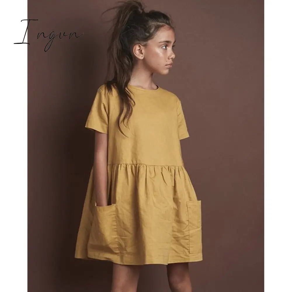 Ingvn - Fashion Cotton Linen Summer Girl Dress Yellow Casual Short Sleeve Kids Holiday With Pockets