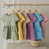 Ingvn - Fashion Cotton Linen Summer Girl Dress Yellow Casual Short Sleeve Kids Holiday With Pockets