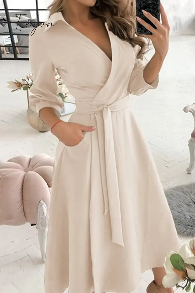 Ingvn - Fashion Elegant Print Solid Patchwork Frenulum V Neck A Line Dresses(10 Colors) Apricot / S