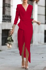 Ingvn - Fashion Elegant Solid Patchwork Asymmetrical V Neck Pencil Skirt Dresses(5 Colors)