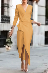 Ingvn - Fashion Elegant Solid Patchwork Asymmetrical V Neck Pencil Skirt Dresses(5 Colors)