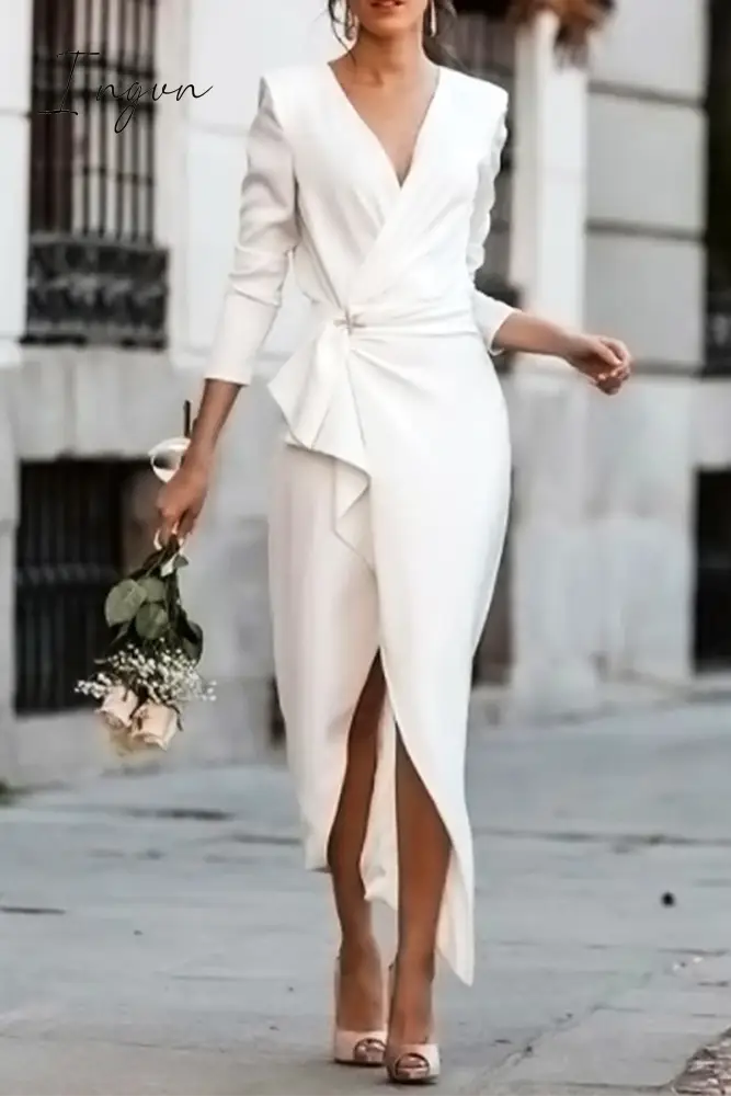 Ingvn - Fashion Elegant Solid Patchwork Asymmetrical V Neck Pencil Skirt Dresses(5 Colors)