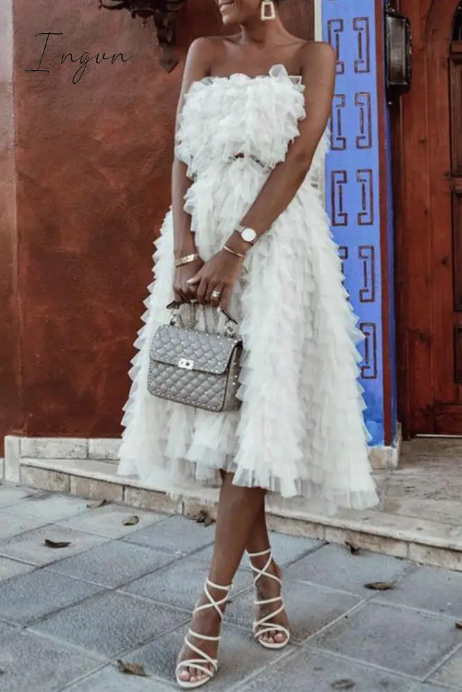 Ingvn - Fashion Elegant Solid Patchwork Mesh Strapless Princess Dresses (Without Belt) White / S