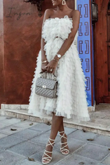 Ingvn - Fashion Elegant Solid Patchwork Mesh Strapless Princess Dresses (Without Belt) White / S
