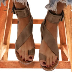 Ingvn - Fashion Flip-Flops Flat Heel Buckle Strap Sandals Khaki / 5