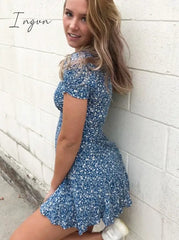 Ingvn - Fashion Foridol Blue Floral Print Summer Beach Dress Women Casual Holiday Short Sleeve Boho